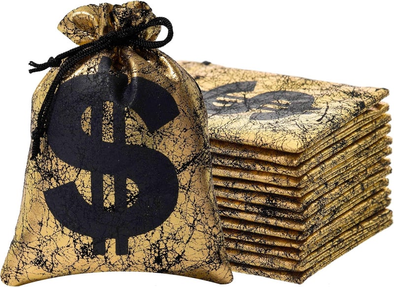 RICHNESS Money Bag with Dollar Sign 4.5X6 Inch Faux Leather Costume Money Bag Pouch with Drawstring Closure Treasure Sack for Bank Robber Old West Pirate Cowboy Casino Theme party Pack of 12 - Image 2